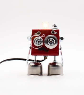 Robot table lamp in blue wood, bedside lamp, handmade with recycled materials