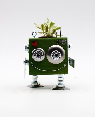 Vaso a forma di robot verde. Porta pianta in legno fatto a mano