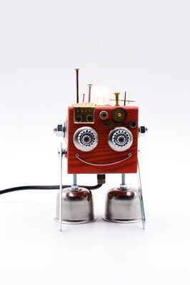 Robot table lamp in red wood, bedside lamp, handmade with recycled materials