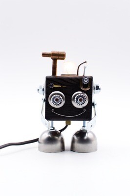 Robot table lamp in black wood, bedside lamp, handmade with recycled materials