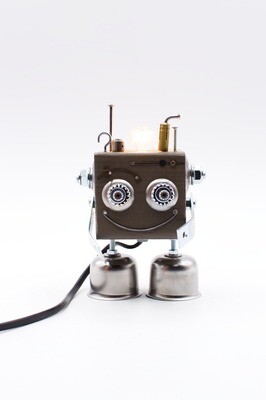 Robot table lamp in grey wood, bedside lamp, handmade with recycled materials