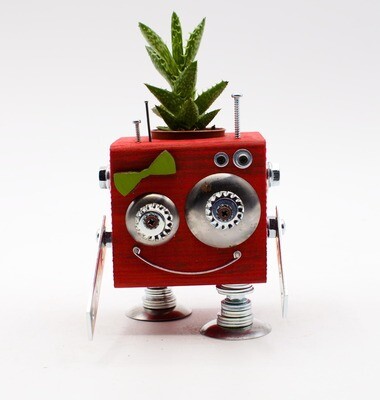Orange robot jar. Handmade wooden plant flower pot