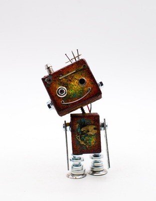 Robot courtesy light. Battery-powered wooden robot lamp handmade