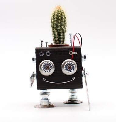 Black robot jar. Handmade wooden plant flower pot