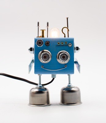 Robot table lamp in blue wood, bedside lamp, handmade with recycled materials
