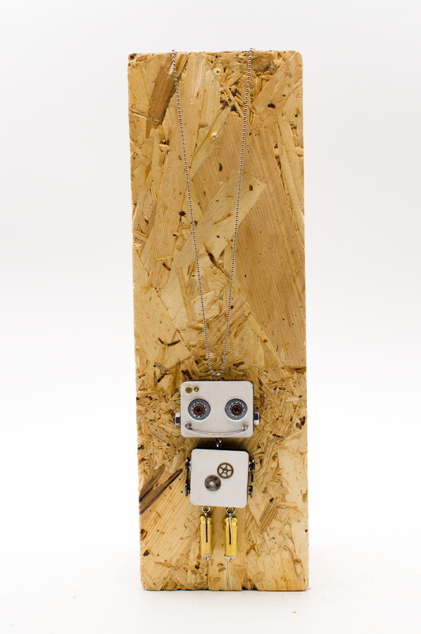 Wood laser-cut robot pendant. Handmade pendant necklace