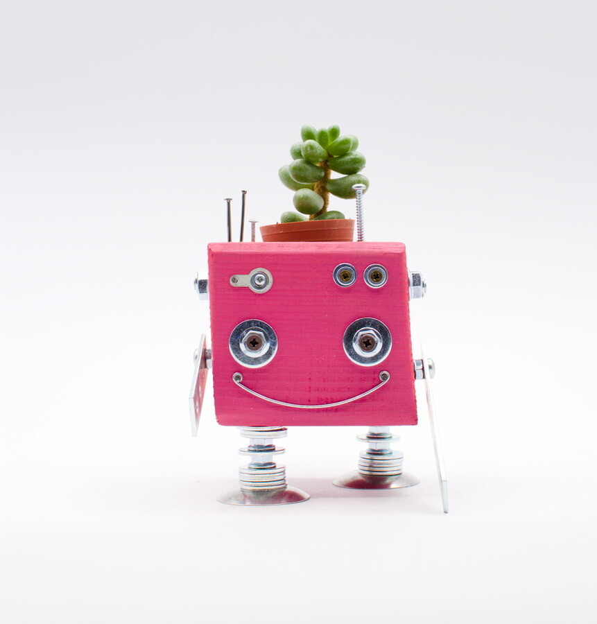 Pink robot jar. Handmade wooden plant flower pot
