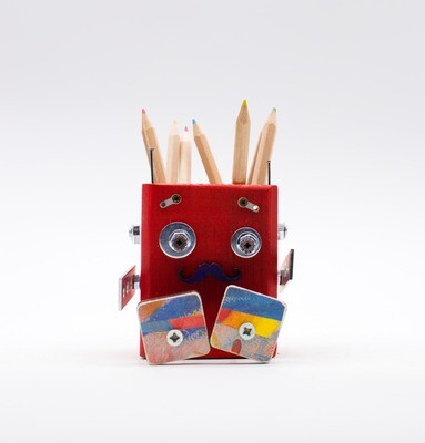 ​Handmade red robot shaped pen holder