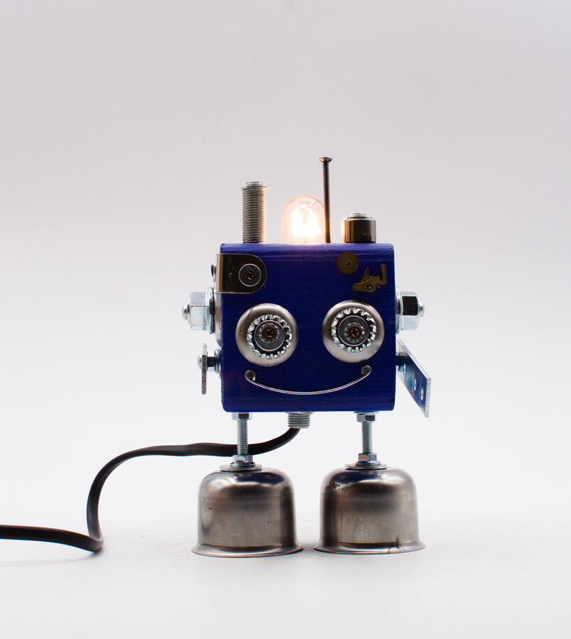Robot table lamp, bedside lamp, handmade with recycled materials
