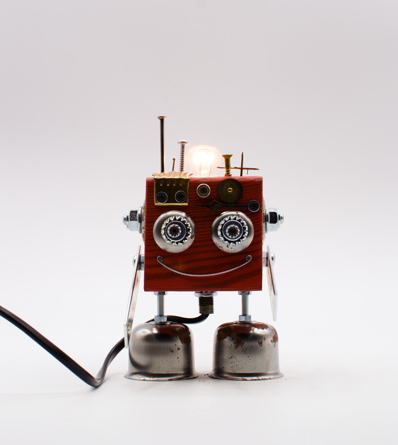 Robot table lamp, bedside lamp, handmade with recycled materials