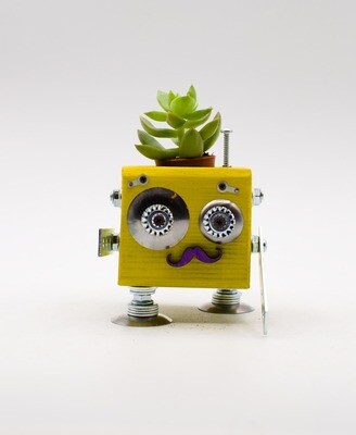 Yellow robot jar. Handmade wooden plant flower pot