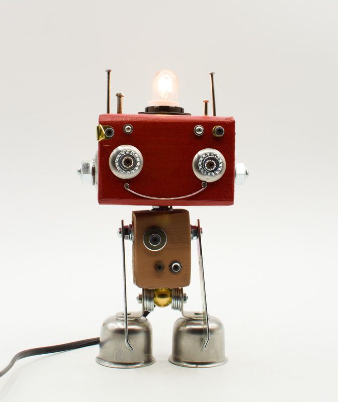 Robot table lamp, bedside lamp, handmade with recycled materials