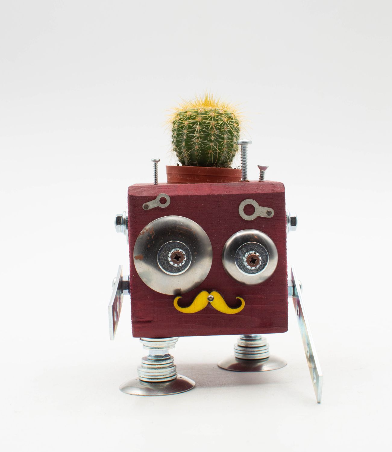 robot jar. Handmade wooden plant flower pot