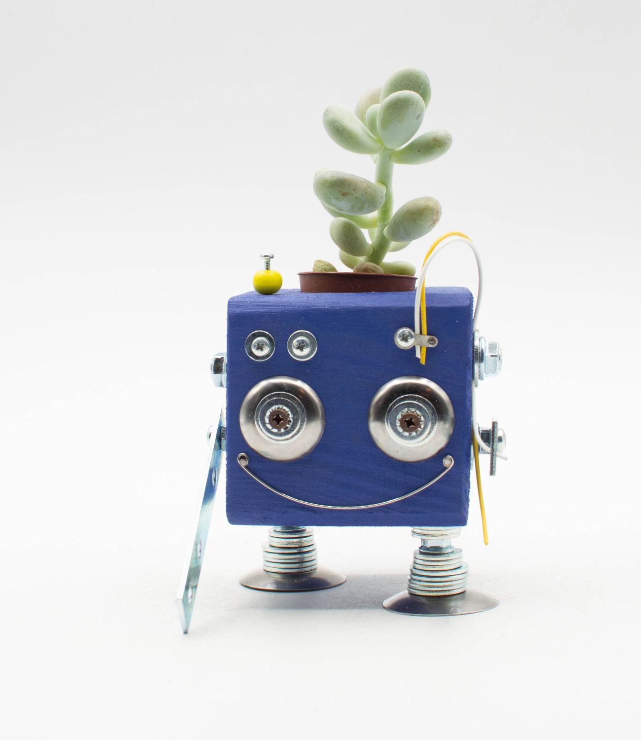 Vaso a forma di robot BLU. Porta pianta in legno fatto a mano