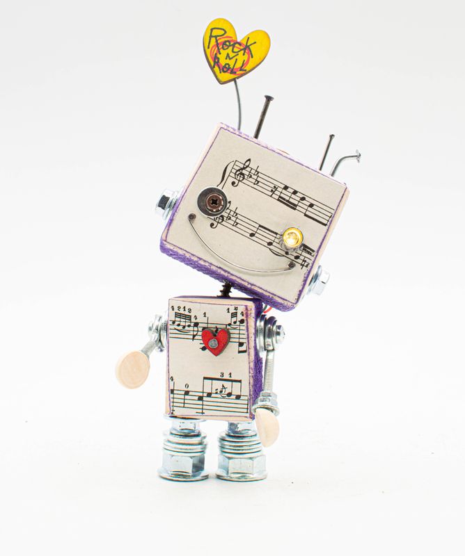 Luce di cortesia robot. Lampada di legno a batteria stile robot modello "MUSICA" fatto a mano