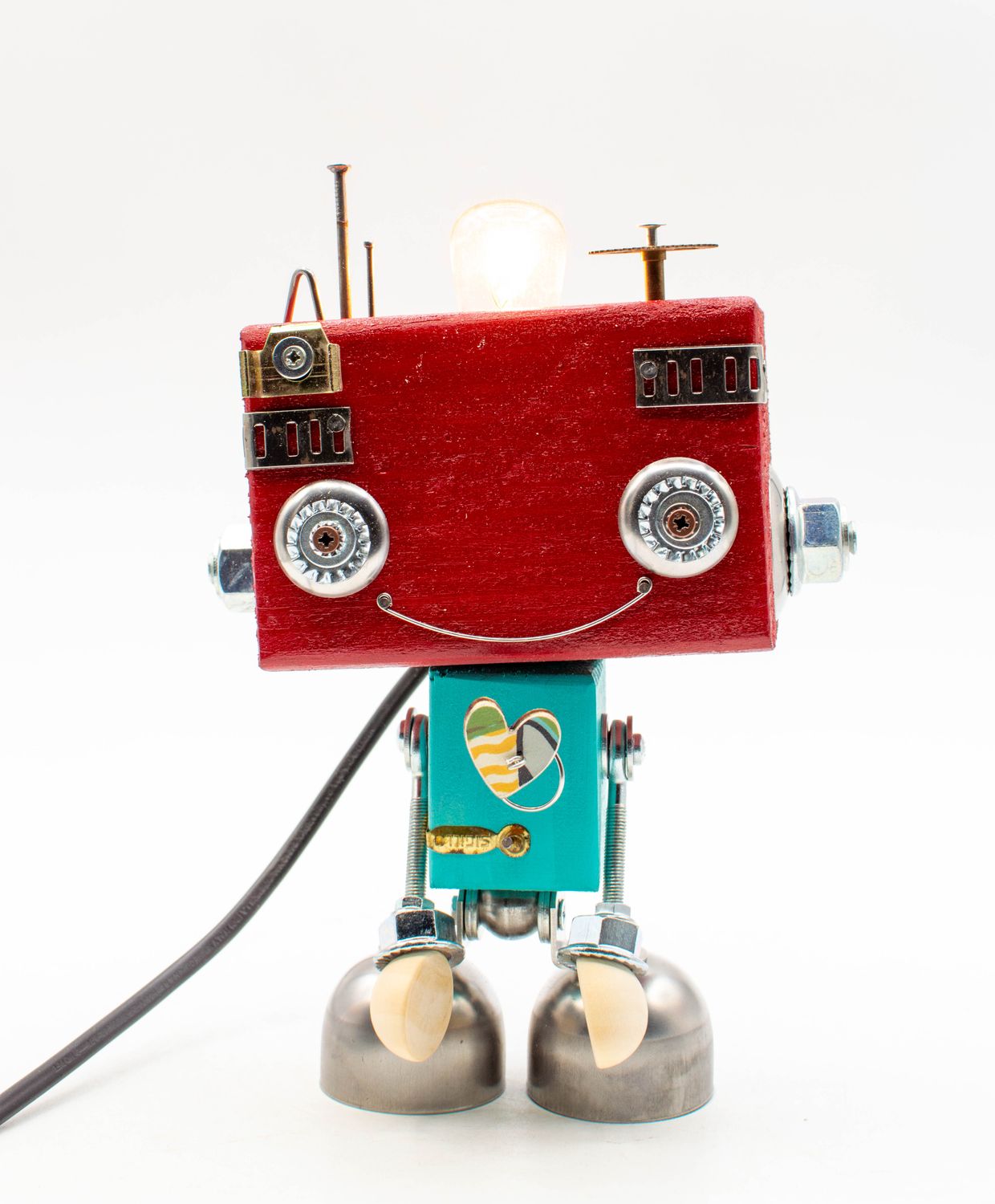 Robot lampada da tavolo in legno lampada da comodino, fatta a mano con materiali di recupero Robot lampada da tavolo in legno lampada da comodino, fatta a mano con materiali di recupero