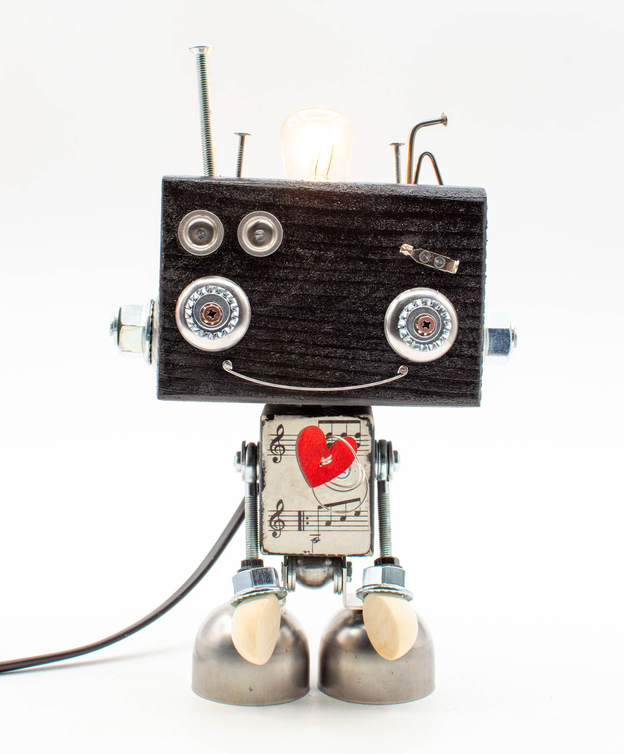 Robot lampada da tavolo in legno lampada da comodino, fatta a mano con materiali di recupero