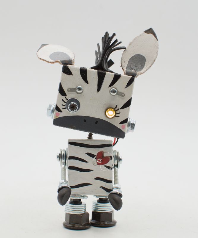 Luce di cortesia robot. Lampada di legno a batteria stile robot modello "ZEBRA" fatto a mano