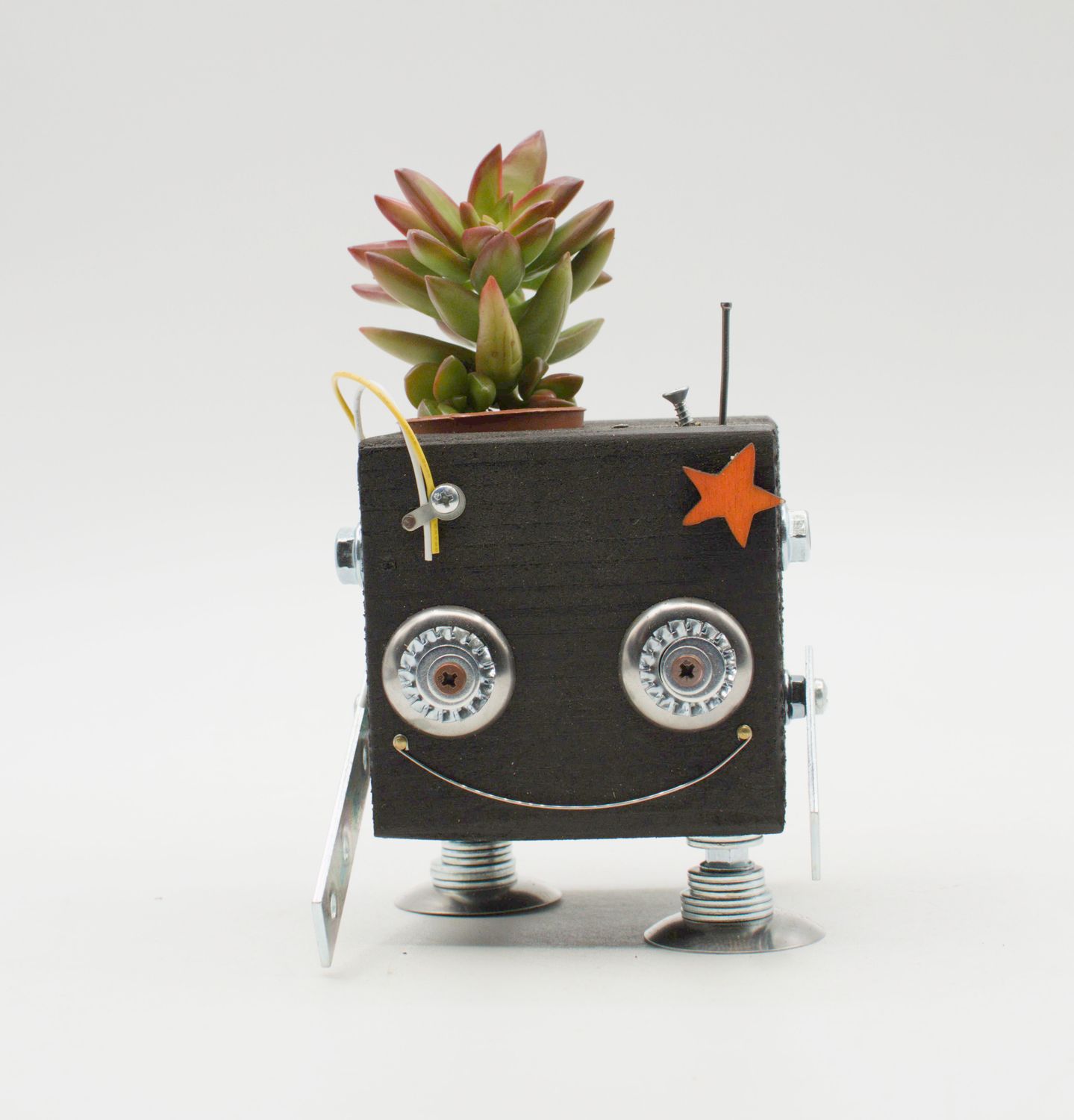 Vaso a forma di robot NERO. Porta pianta in legno fatto a mano