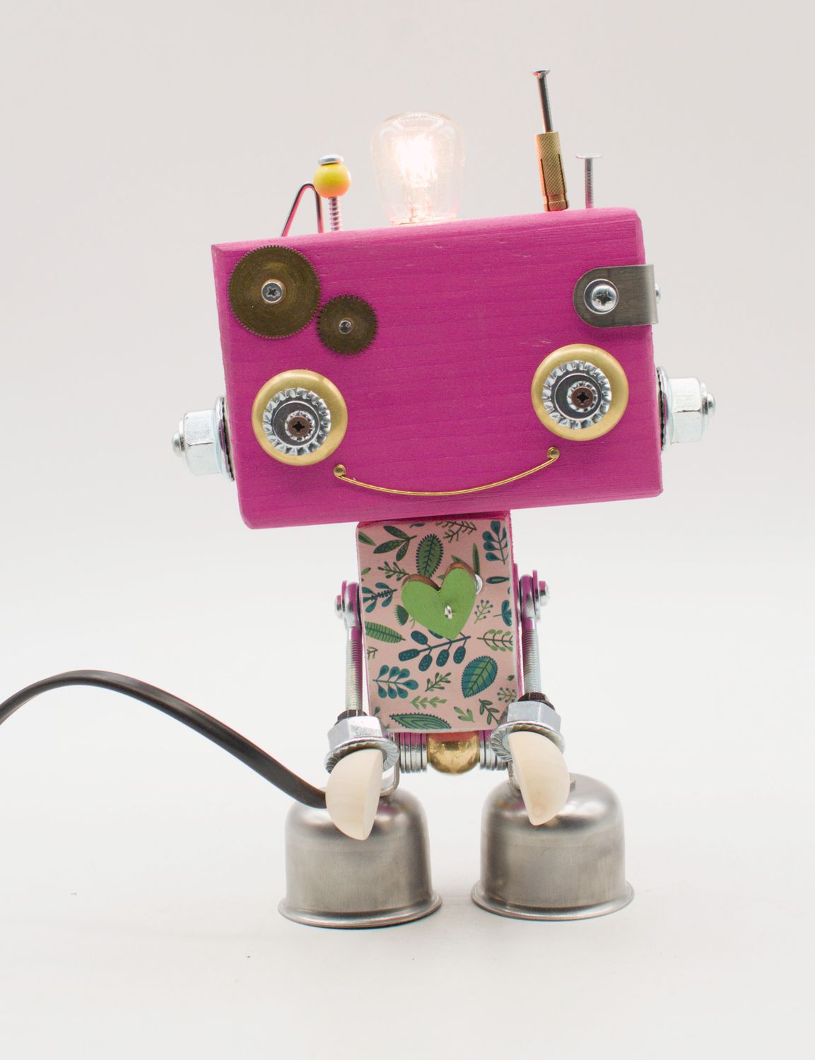 Robot lampada da tavolo in legno lampada da comodino, fatta a mano con materiali di recupero