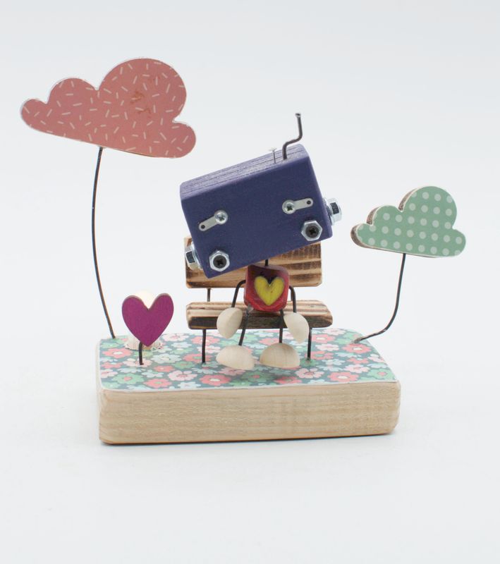 DIORAMA scultura luminosa. Lampada di legno a batteria stile robot fatto a mano