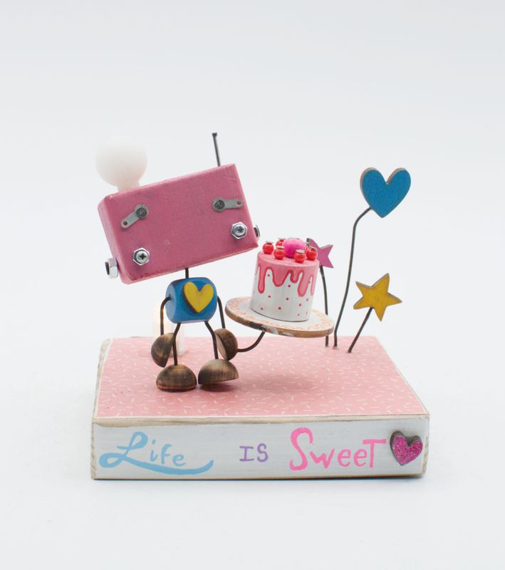 DIORAMA scultura luminosa. Lampada di legno a batteria stile robot fatto a mano