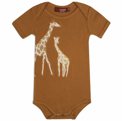 Milkbarn: Orange Giraffe Appliqué Organic Cotton Short Sleeve One Piece