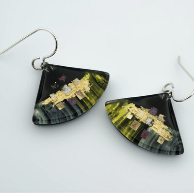 MOMO Glassworks:Black Golden Phase Large  Fan Earrings