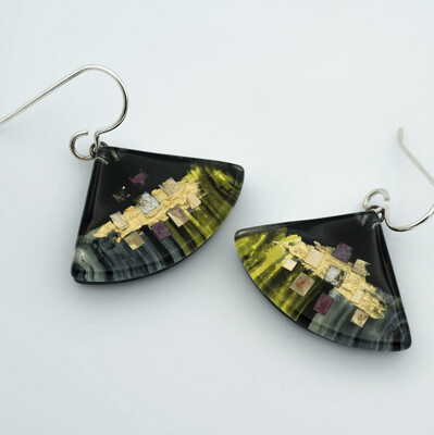 MOMO Glassworks:Black Golden Phase Medium Fan Earrings