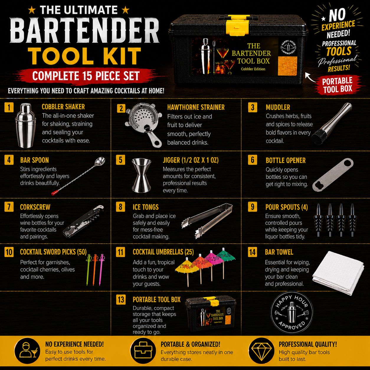Bartending Kit Professional Grade (Cobbler Tool-Box Set)