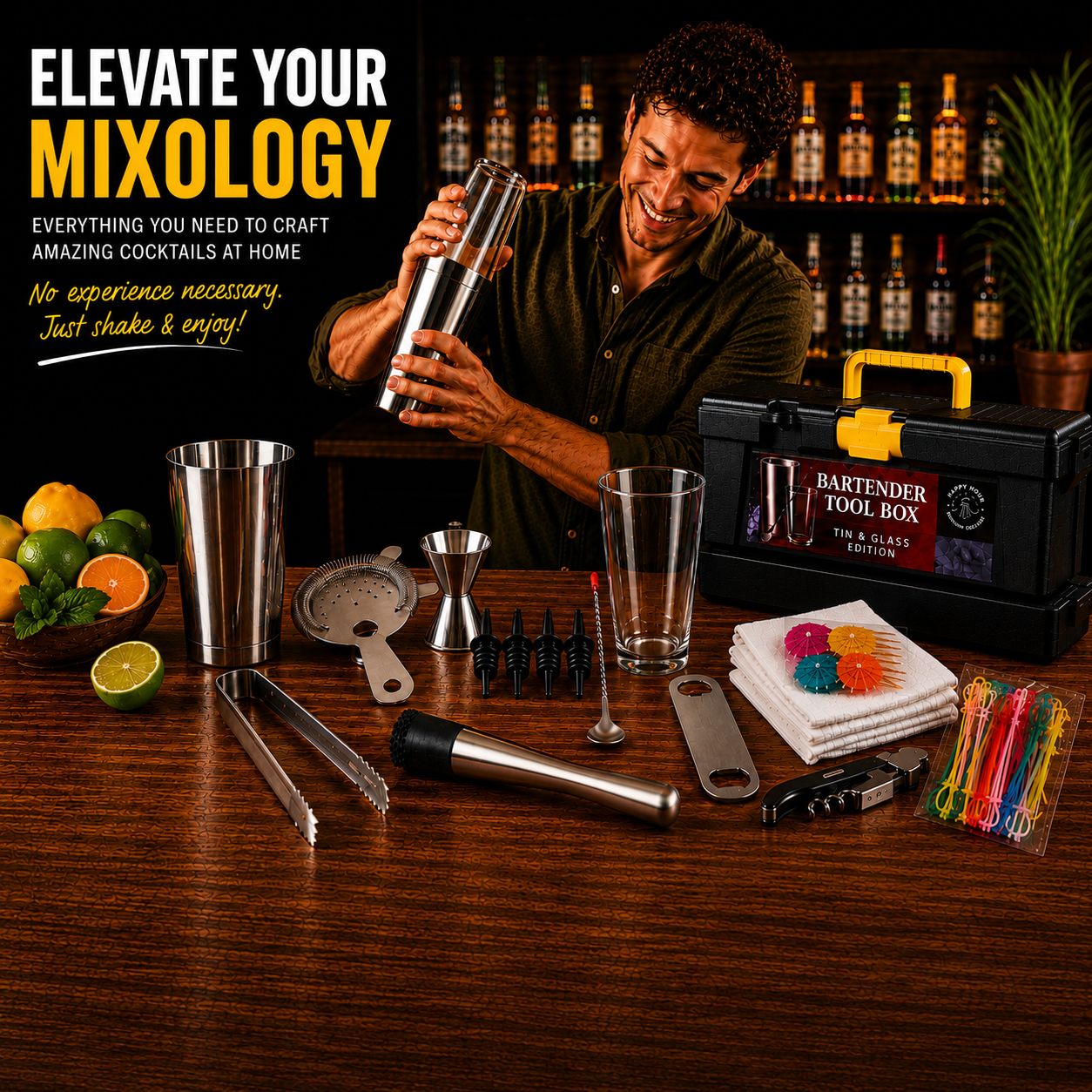 Bartender Tool Box Professional Bartending Kit  (Tin &amp; Glass Edition)