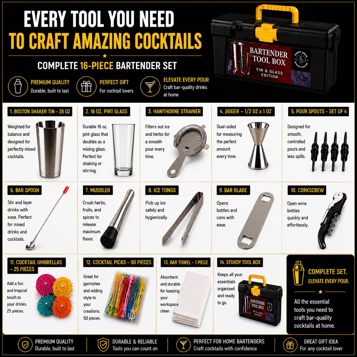 Bartending Kit Professional Grade (Tin &amp; Glass Set)