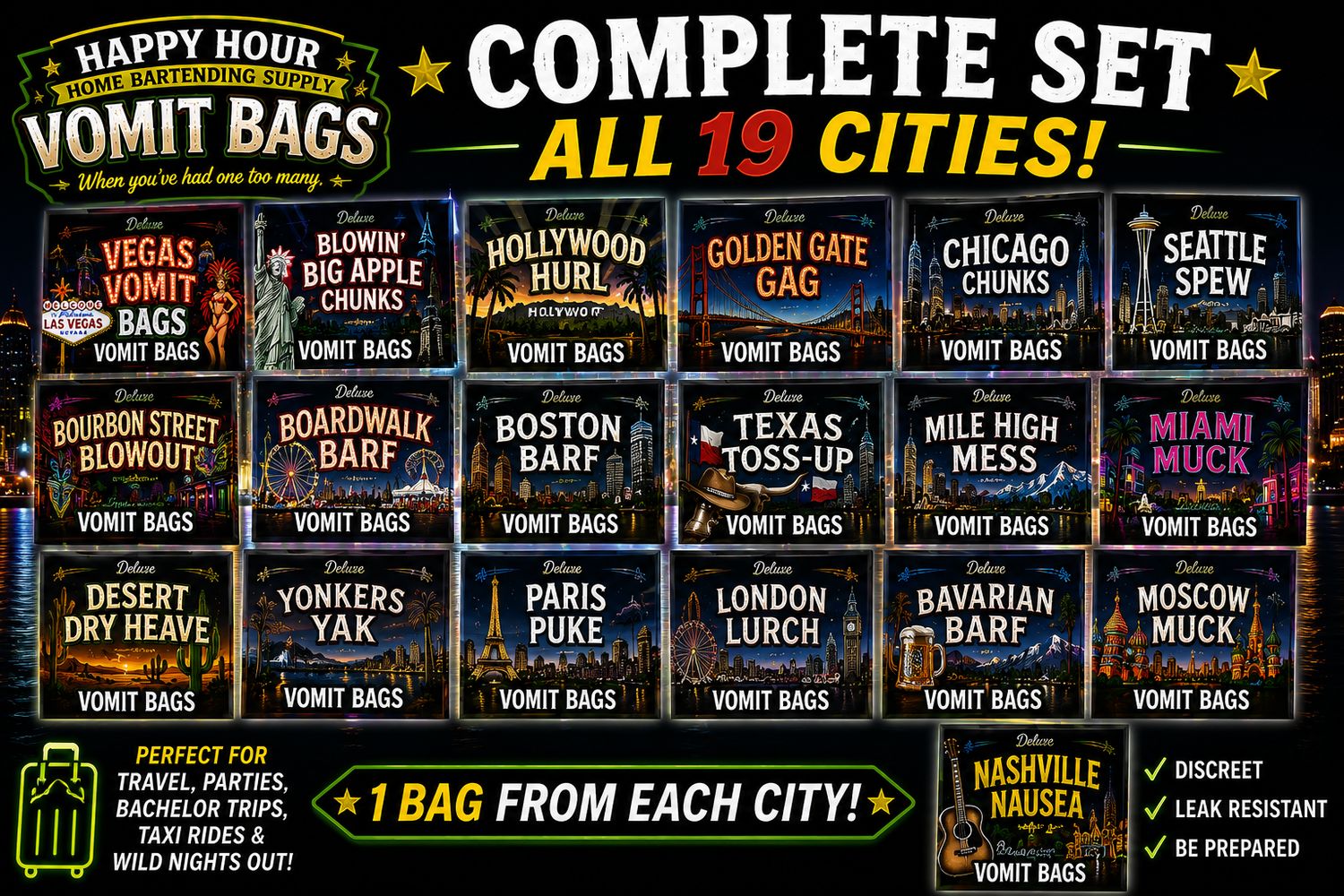 Vomit Bags - The Complete Set of 19 Cities ( 1 bag from each city)