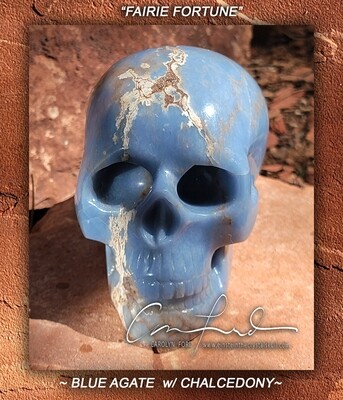 Blue Agate Skull w/ Chalcedony,  Einstein the Ancient Crystal Skull Imprinted 