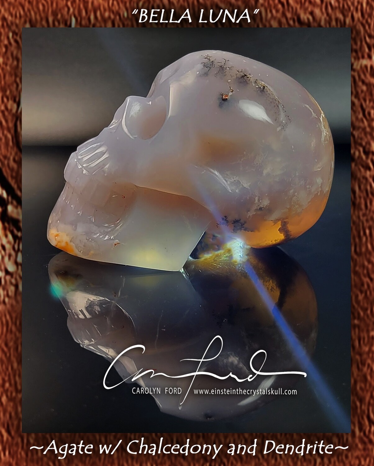 Agate w/ Chalcedony and Dendrite, Einstein the Ancient Crystal 
Skull Imprinted 