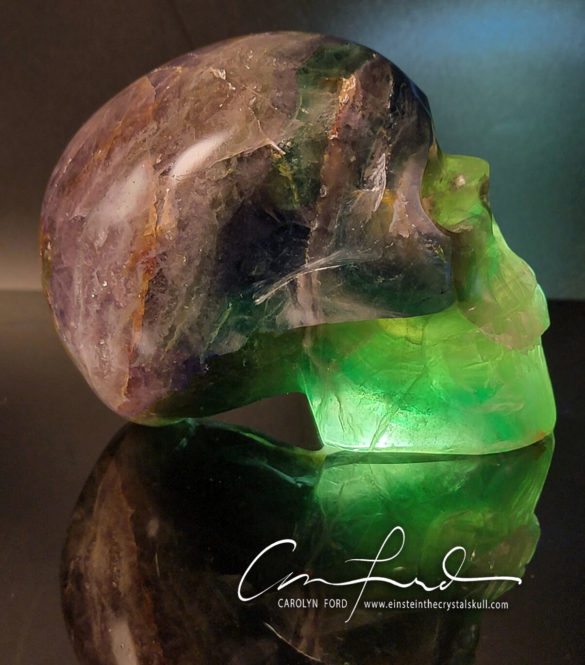 Green/Violet Fluorite , Einstein Imprinted Skull 