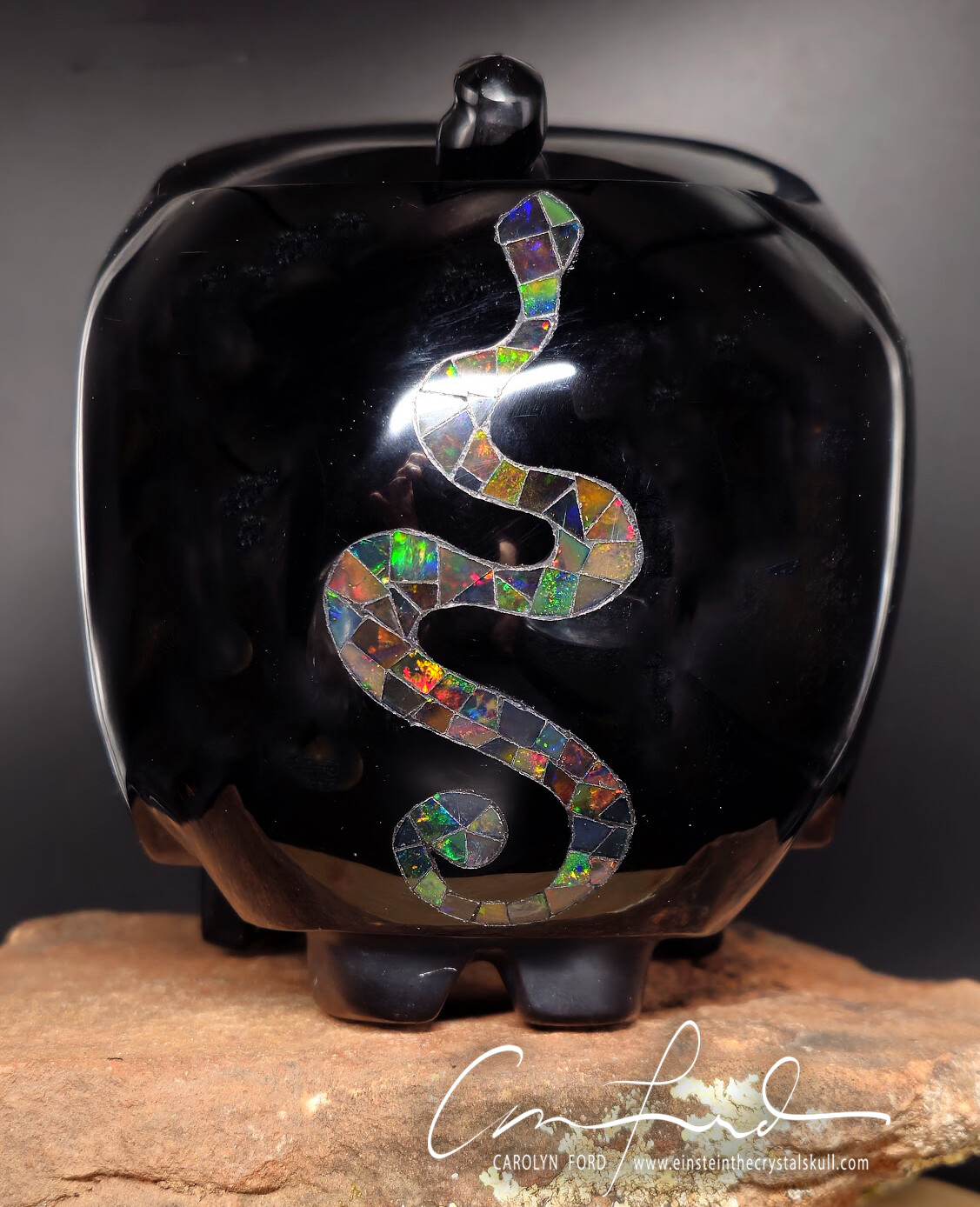 BLACK OBSIDIAN, Mortar and Pestle Skull with Inlaid Mexican Fire Opal. Einstein Imprinted ~ The "ALCHEMIST"