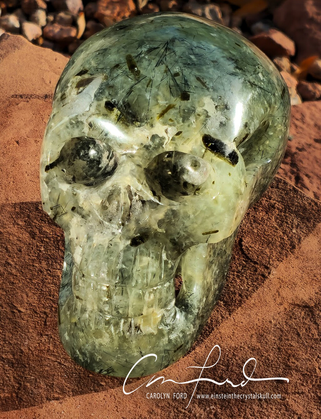Prehnite Tourmalated w/ Epidote & Black Tourmaline Skull, Einstein Imprinted, 