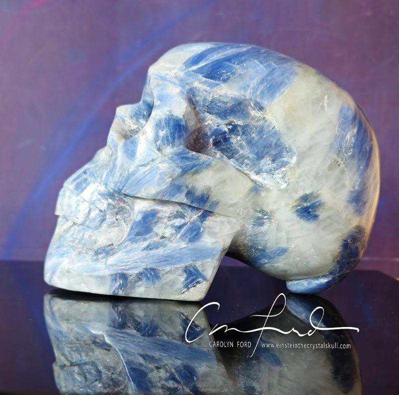 KYANITE BLUE Skull,  Einstein the Ancient Crystal Skull Imprinted, "ANGEL CLOUD"