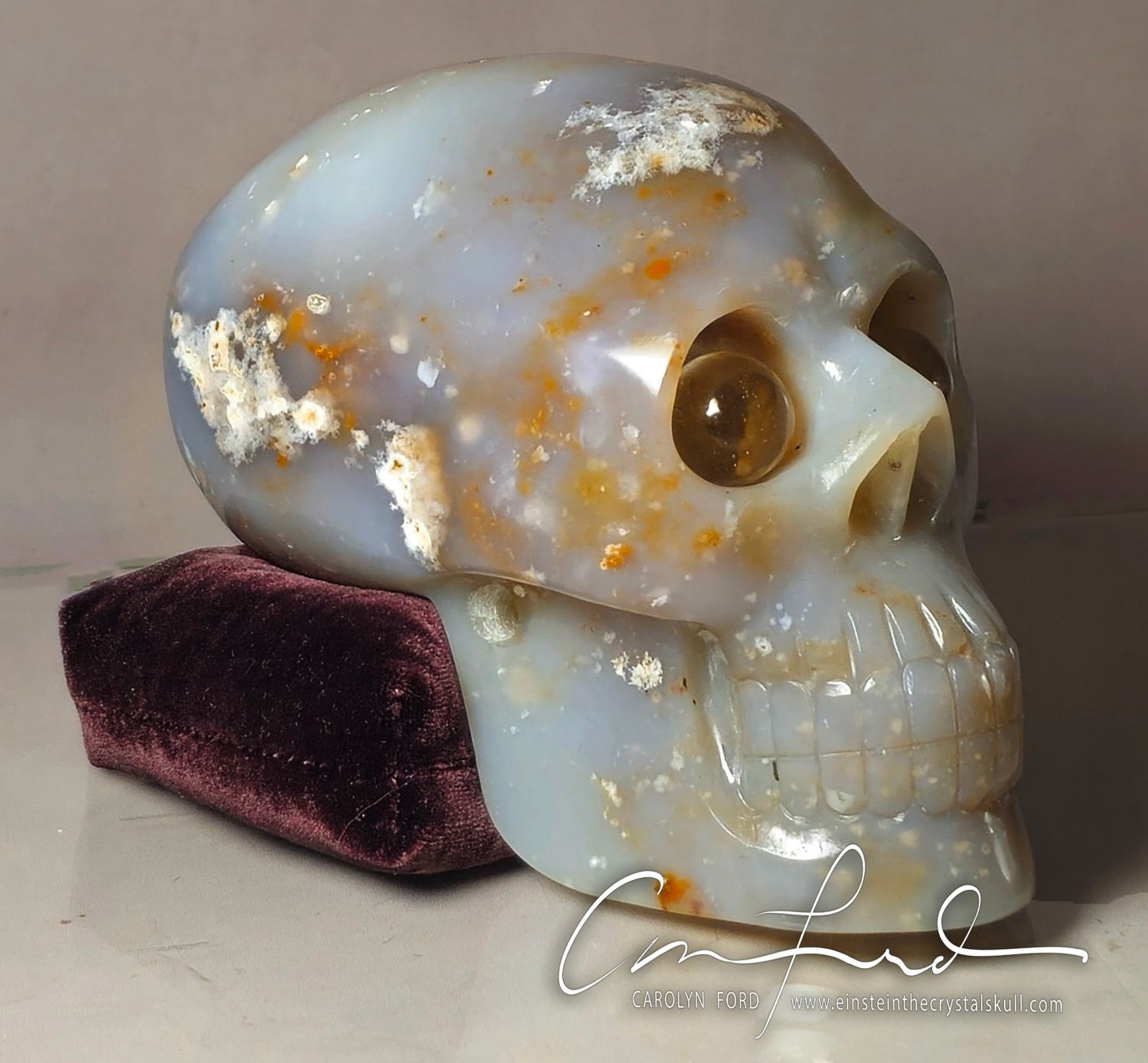 Baby Einstein ~ Agate Skull w/ Chalcedony  Einstein the Ancient Crystal Skull Imprinted "AMBROSE" .