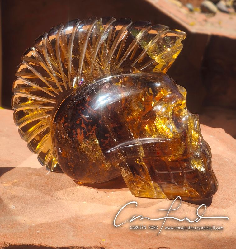 Citrine Quartz Crystal Mohican Style Skull, Einstein Imprinted,  "HELIOS" Sun God.