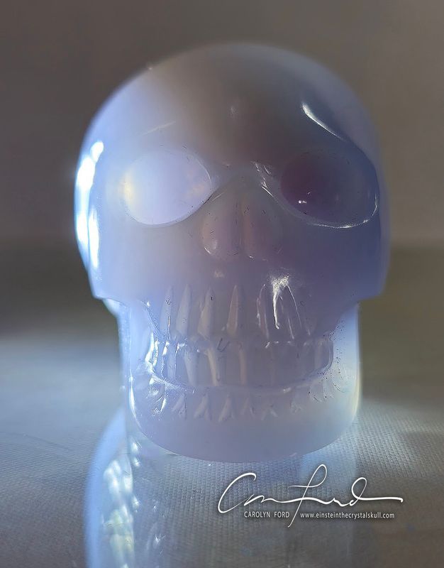 Blue Chalcedony Einstein the Ancient Crystal  Skull Imprinted "BLUE FAIRY HEART" .