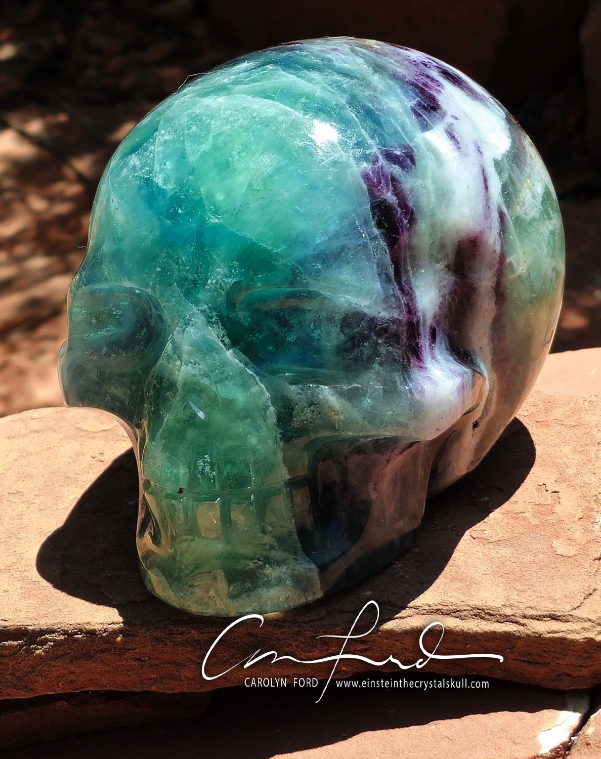 Green, Violet and White Fluorite , Einstein Imprinted Skull "AVON"