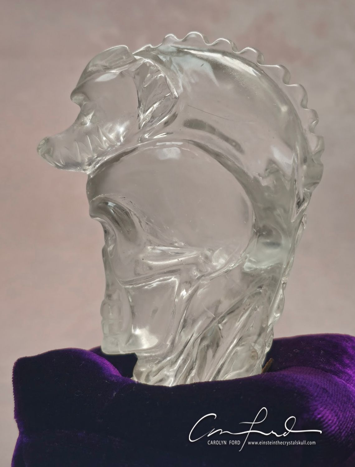 Clear Quartz Skull with Dragon, Einstein Imprinted "MY FAMILIAR"