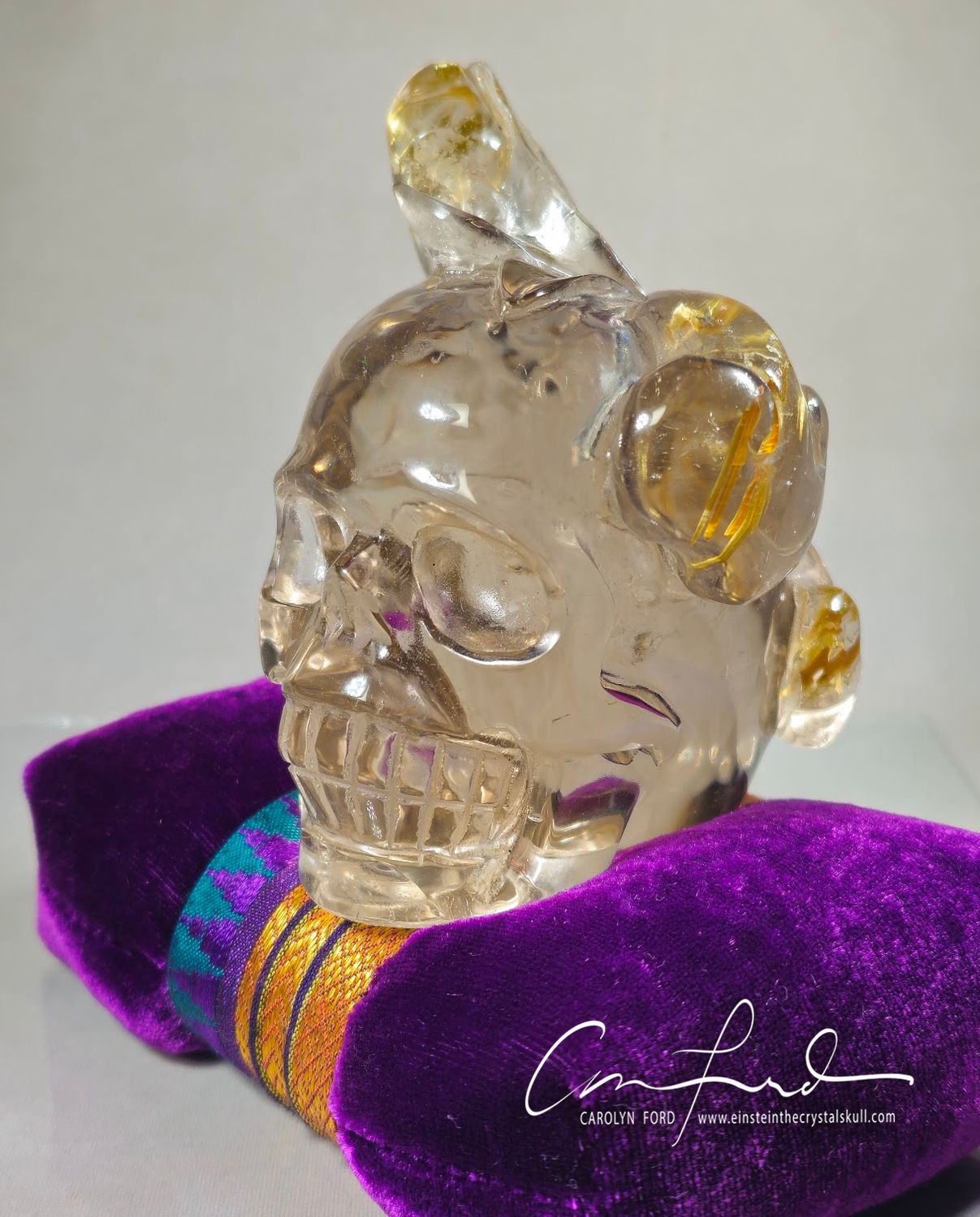 Gold Rutilated Lite Smokey Crystal Skull, with Magic Mushrooms, Einstein Imprinted,  "MICRO-DOSE"