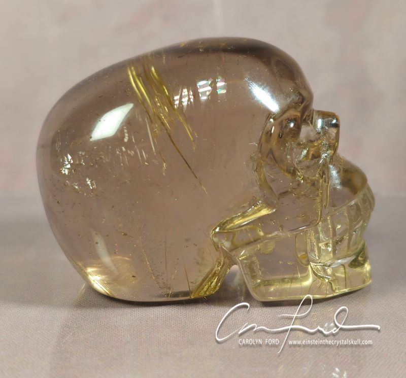 Golden Rutilated Smokey Quartz Crystal Skull, Einstein Imprinted, Golden Rutilated Smokey Quartz Crystal Skull, Einstein Imprinted, "QUARK"