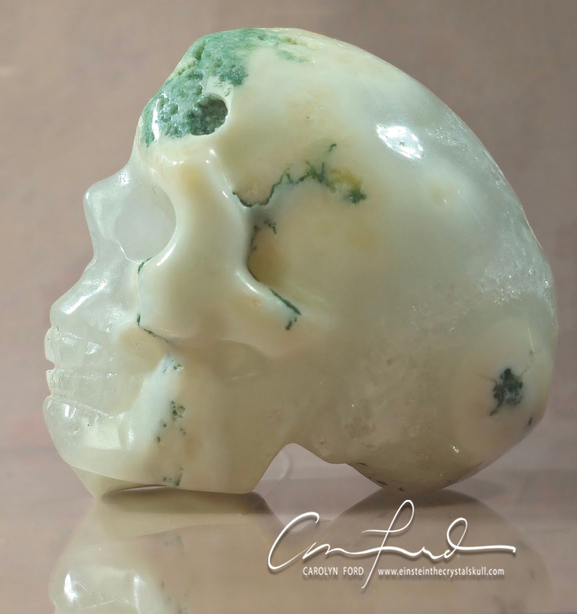 Moss Agate Skull,  Einstein the Ancient Crystal  Skull Imprinted "DEVA"