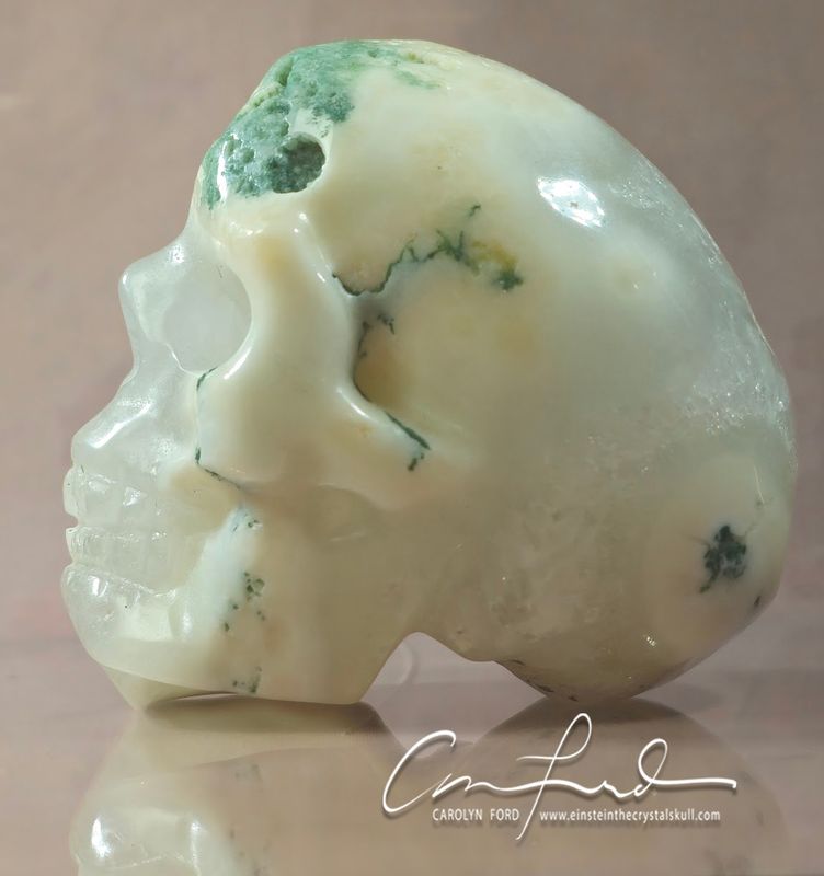 Moss Agate Skull,  Einstein the Ancient Crystal  Skull Imprinted "DEVA"