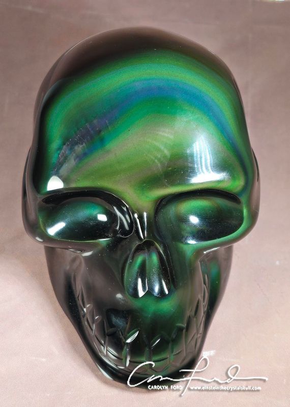 Rainbow Obsidian, Green Healing Skull, Einstein Imprinted Rainbow Obsidian, Green Healing Skull, Einstein Imprinted "FANTASIA' ".