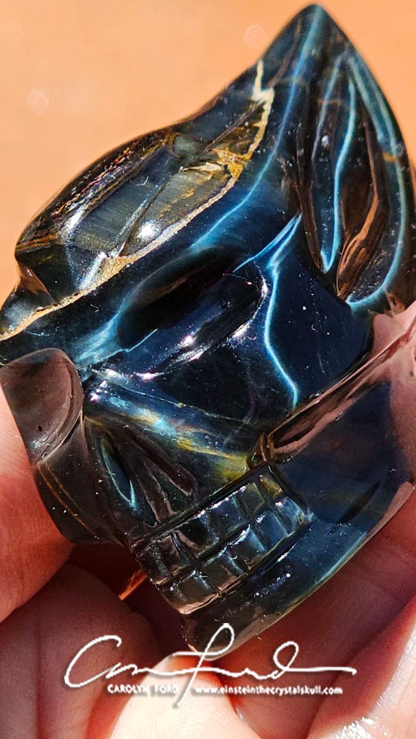 Blue Tiger Eye (Rare) Mystic Traveler Skull, Einstein Imprinted "SANTA FE"